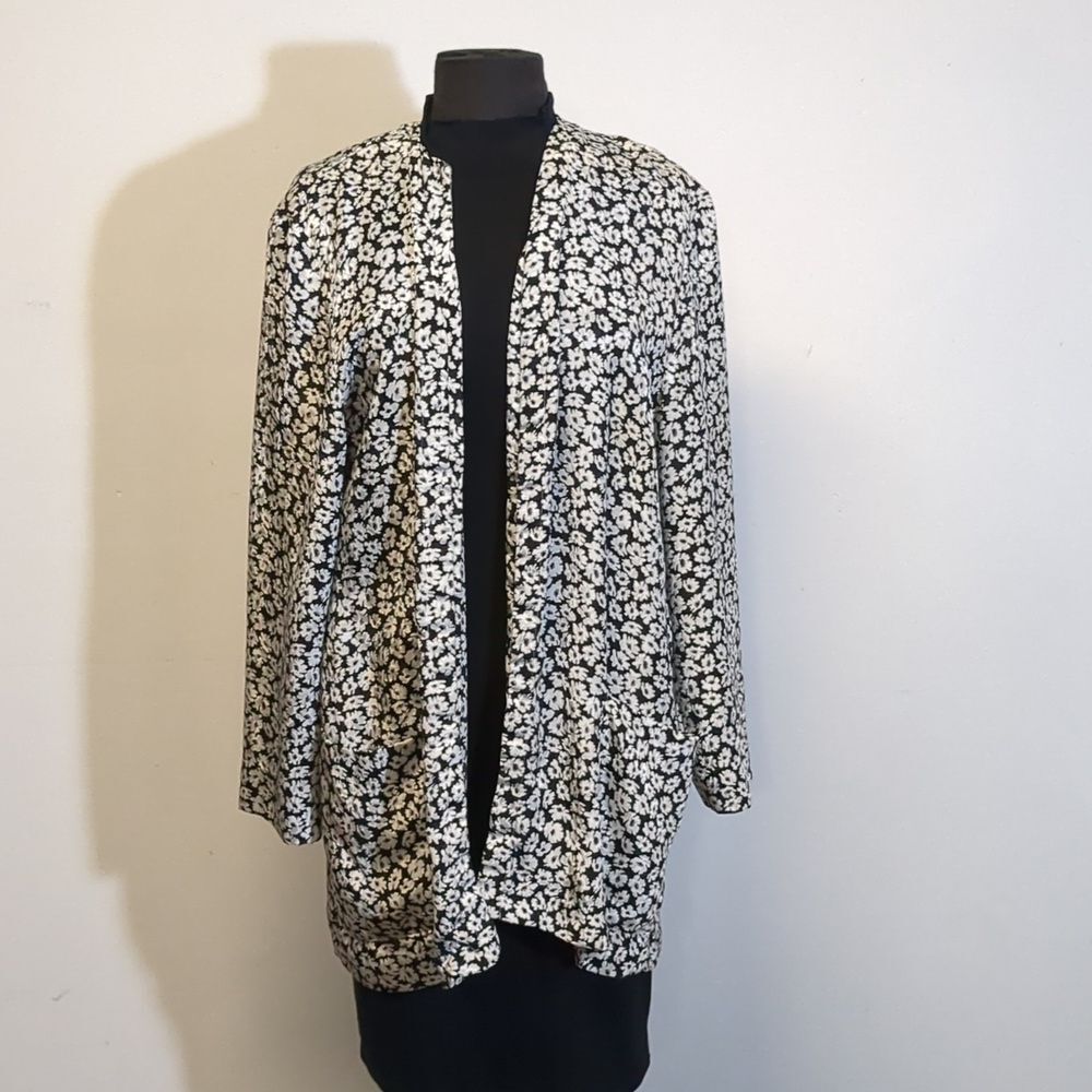 Vintage Satin Destructed Blazer White Black Daisy, Size L/XL